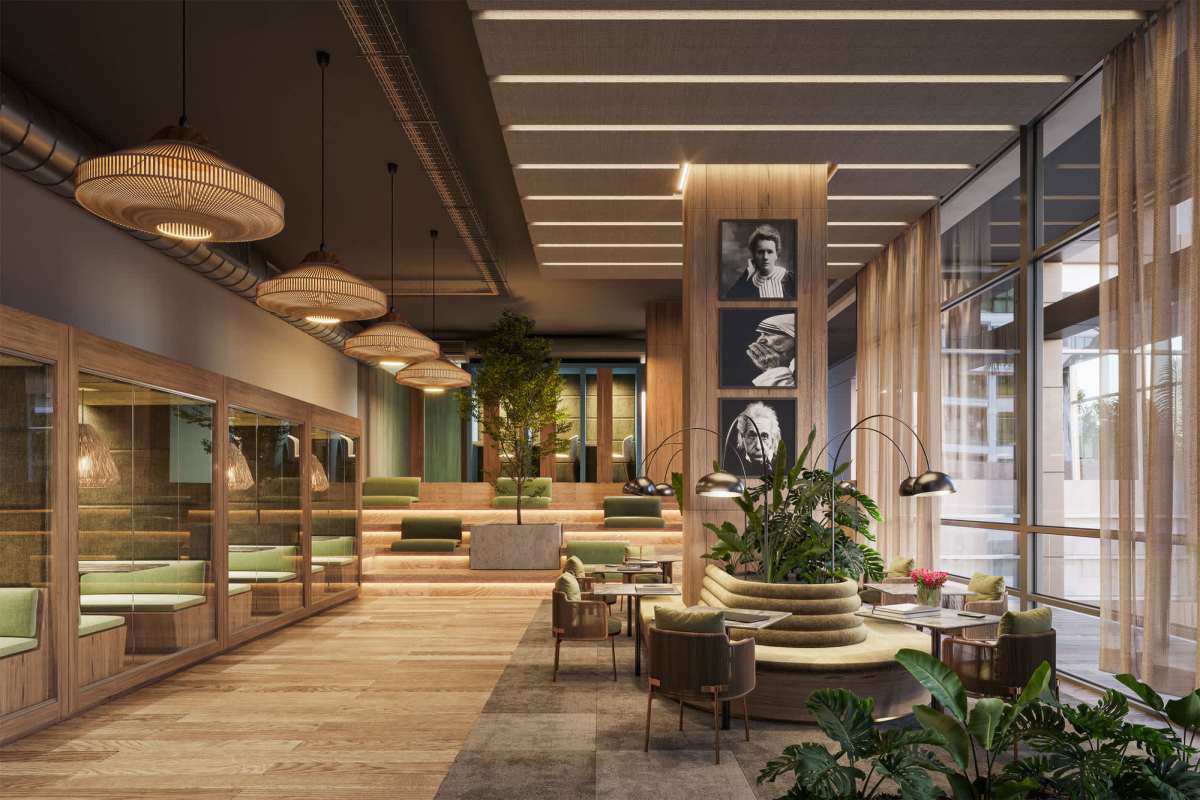 Modern meeting lounge with floor-to-ceiling windows, plants, contemporary decor inside luxury condo building Panama