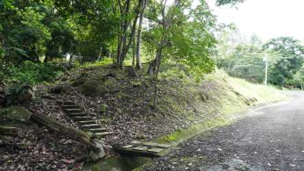 Creek with rustic wooden bridge dirt road trees Altos del María lot Panama