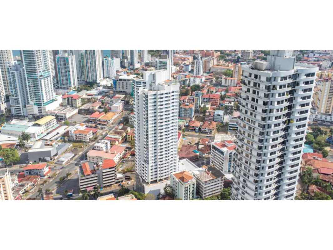 Floor plan with kitchen, living area, bedroom, bathroom, balcony PH Signature Point Panama City