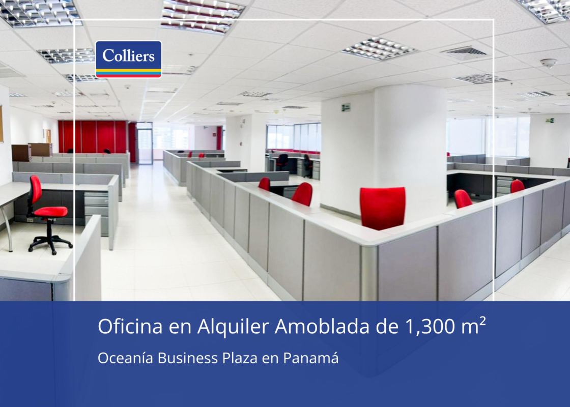 Large modern furnished office area with cubicles and red chairs for rent in Oceanía Business Plaza Panama