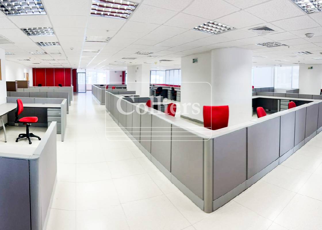Spacious modern open-plan office with cubicles, red chairs, and city skyline view for rent Panama