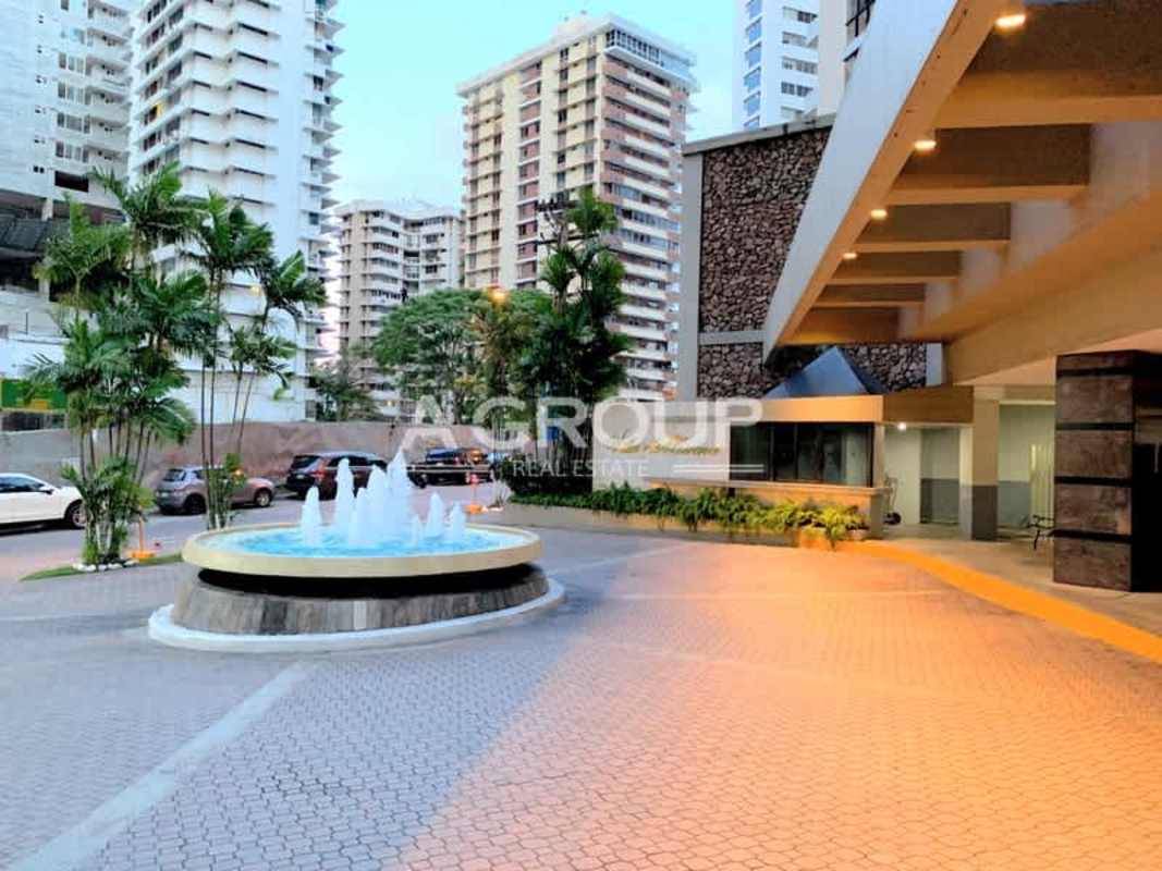 Modern driveway entrance with water fountain at PH Villa Marina luxury high rise Panama City