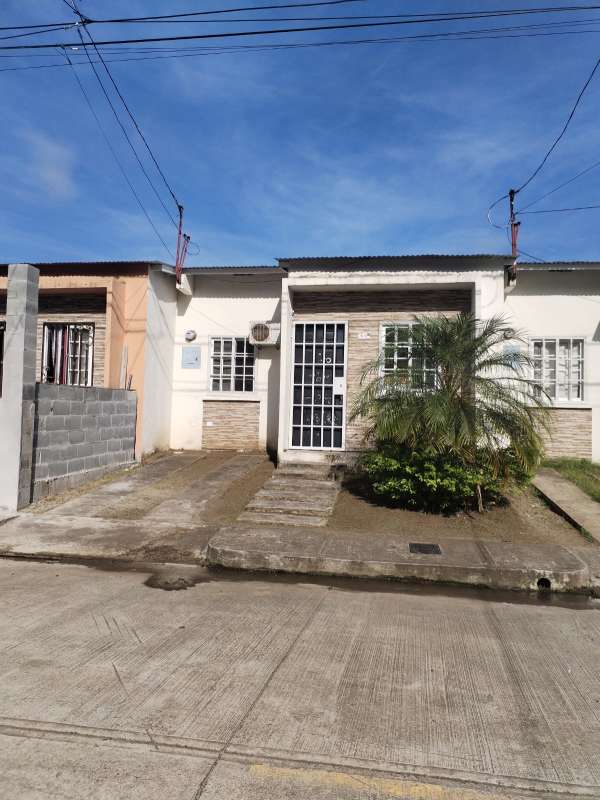 Single-story facade metal security door driveway palm landscaping affordable home Panama