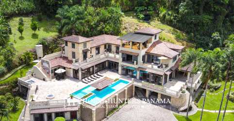 Aerial view luxury Mediterranean villa with pool in Valle Escondido Boquete Panama
