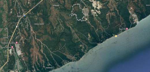 Aerial photograph shows coast, forest, beach parcels Piedras Gordas Panama for sale