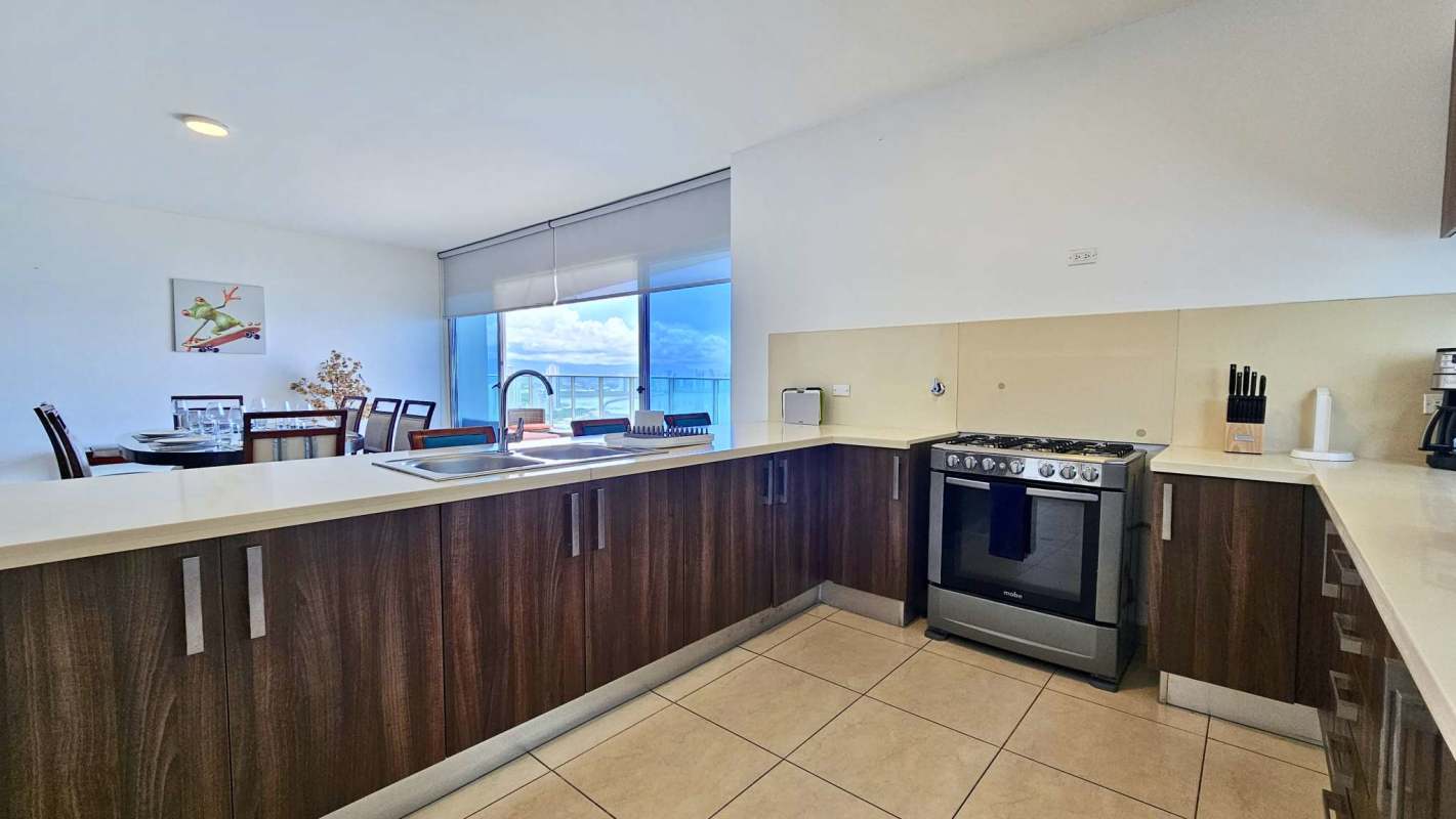 Bright furnished open living dining area with panoramic ocean views Punta Pacífica Panama