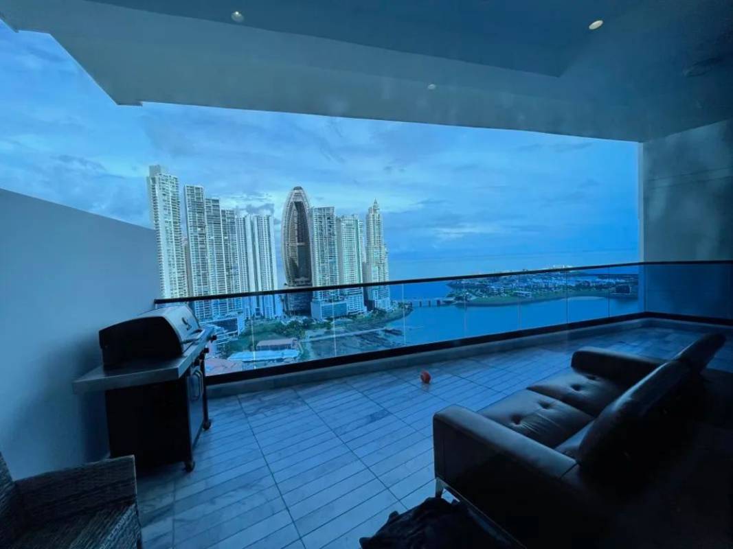 Aerial view of PH Ocean Front high-rise luxury condo in Punta Paitilla waterfront Panama City