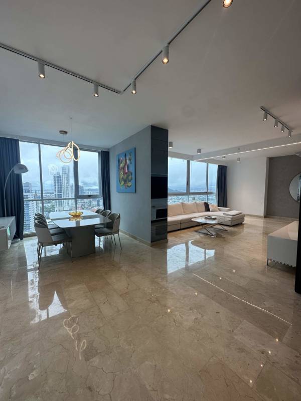 Elegant penthouse dining living area marble floors ocean views PH Dynasty Avenida Balboa Panama
