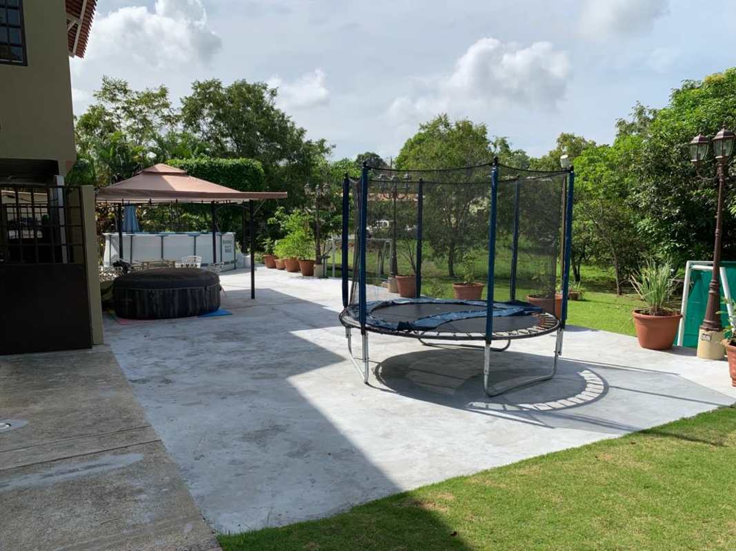 Concrete patio with above ground pool, trampoline, plants and green yard in Clayton house for sale