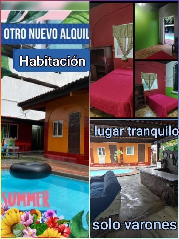 Collage of room rental interiors, swimming pool, patio and exterior colorful housing Panama City