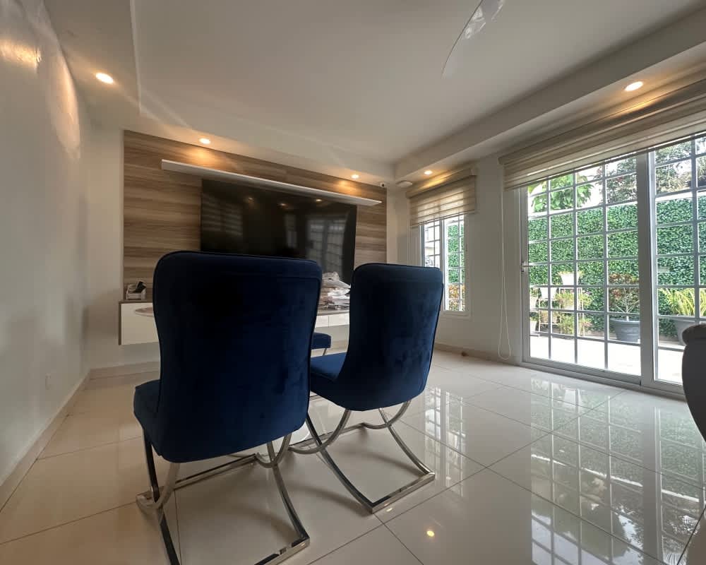 Spacious living room with entertainment wall, large windows overlooking garden