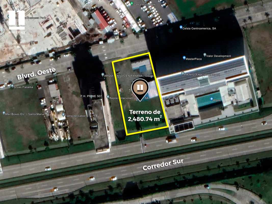 Aerial map showing Santa María Business District, Costa del Este and golf club in Panama City