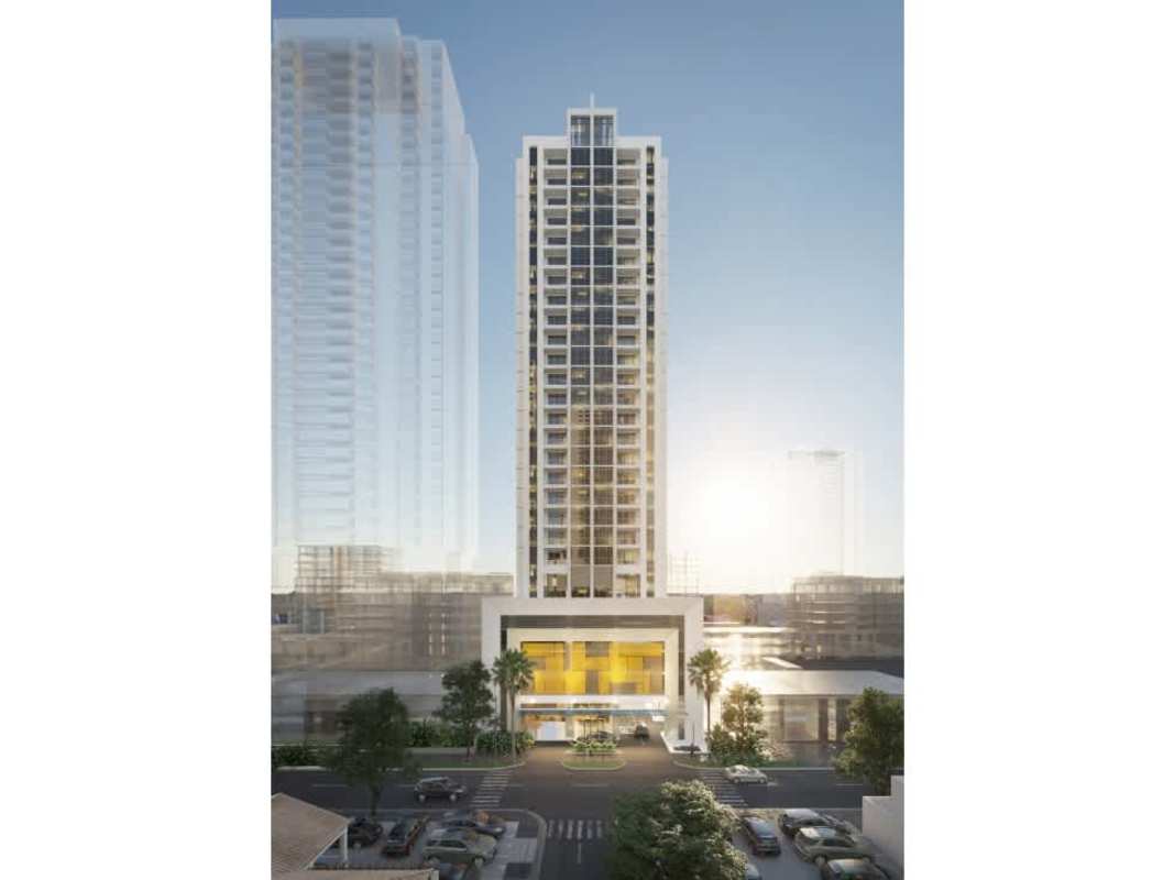 Infinity pool on rooftop terrace at PH Aurora with skyline city views in San Francisco Panama