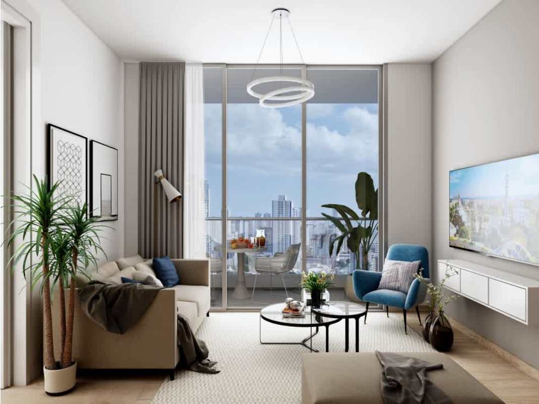 Modern apartment living room with panoramic windows city views contemporary furniture PH Aurora