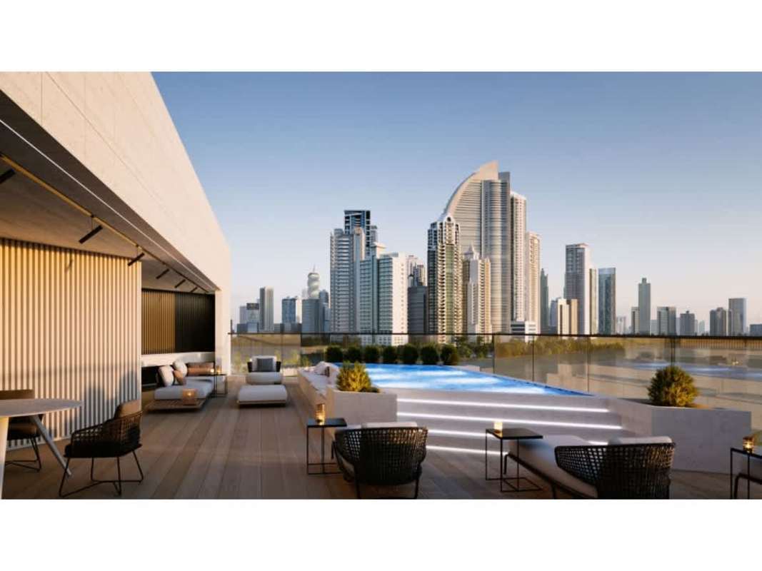 Modern facade of private island condominium with yacht marina access in Panama City