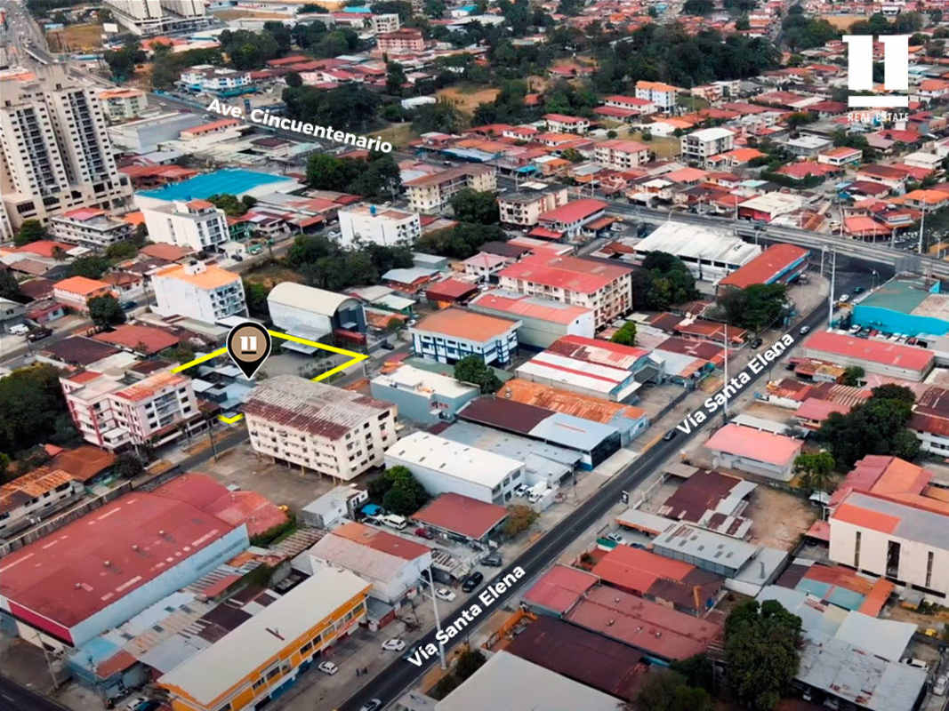 Aerial view highlighting Panama City development land on corner of Santa Elena and Ave Cincuentenario
