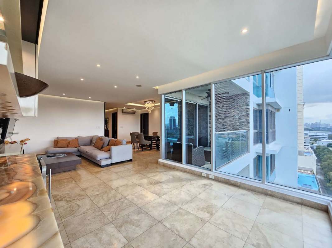 Large master bedroom with marble floor, windows, closet and full bathroom in PH Titanium Costa del Este