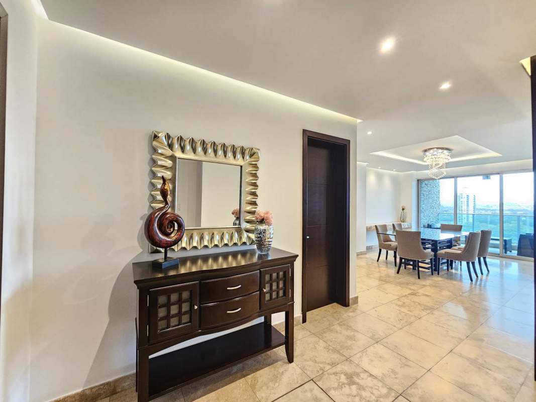 Luxury bathroom with marble counters, vessel sink, modern lighting PH Titanium Panama
