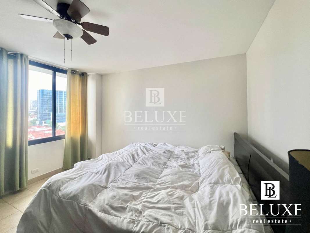 Furnished guest bedroom with AC, fan, tile floor, Obarrio Panama