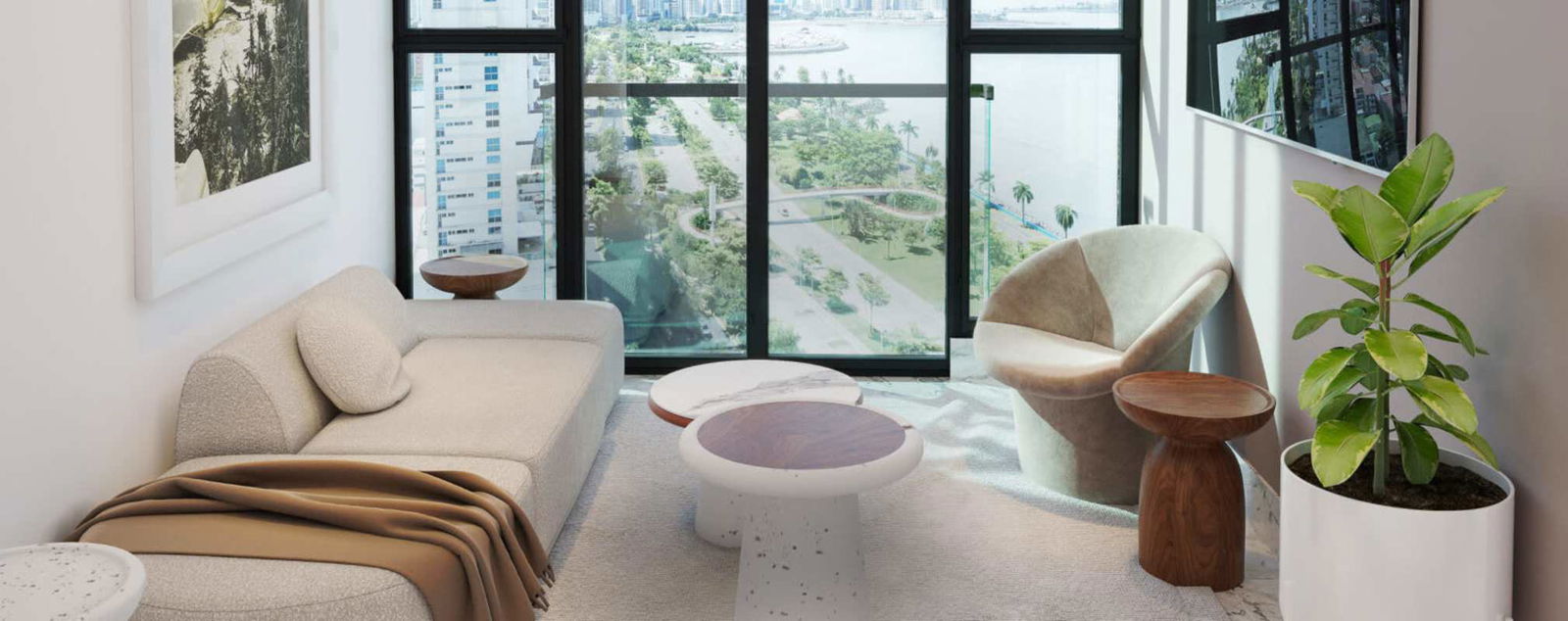 Stylish modern furnished apartment with floor-to-ceiling windows and bay view at The Walker Avenida Balboa Panama