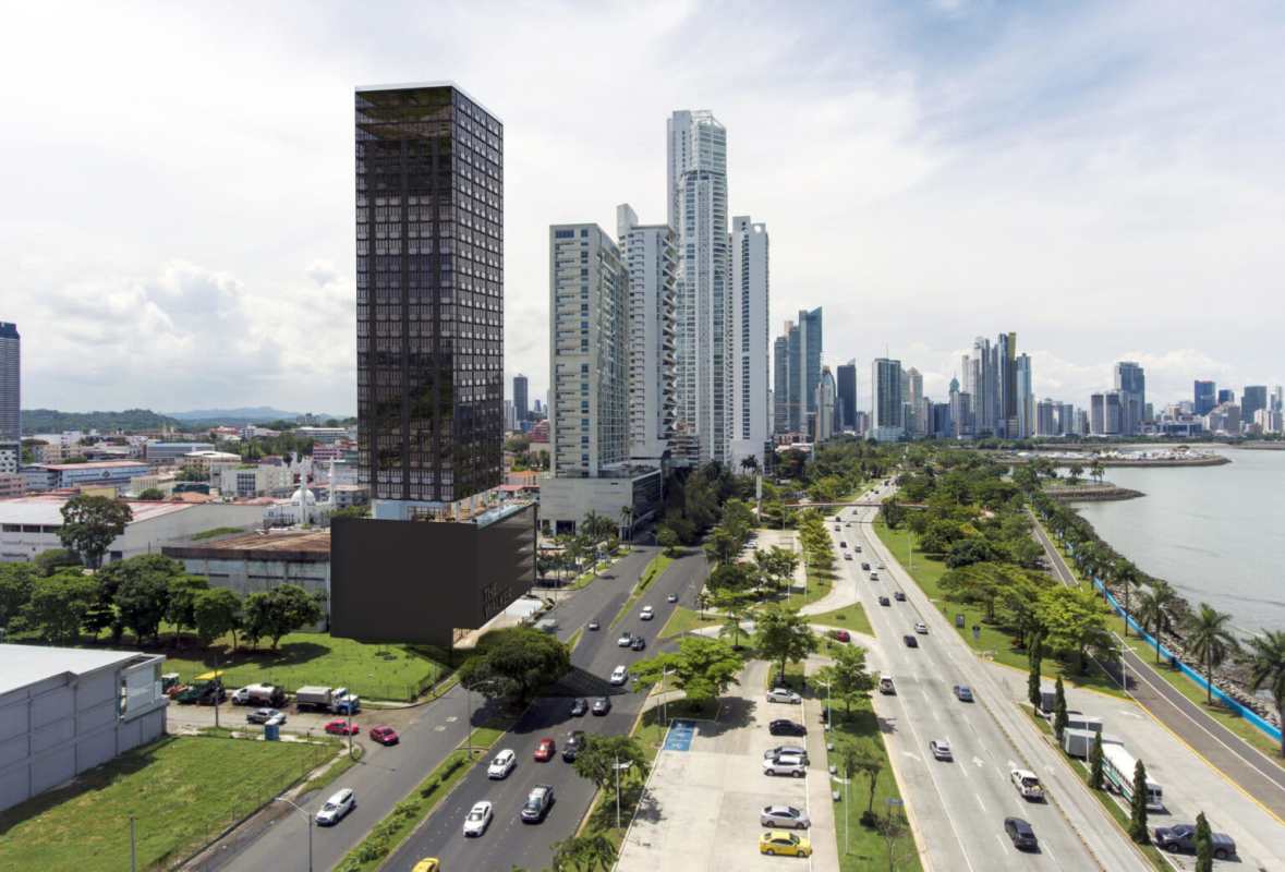 Aerial shot of Avenida Balboa waterfront with modern high-rise towers including The Walker Panama City