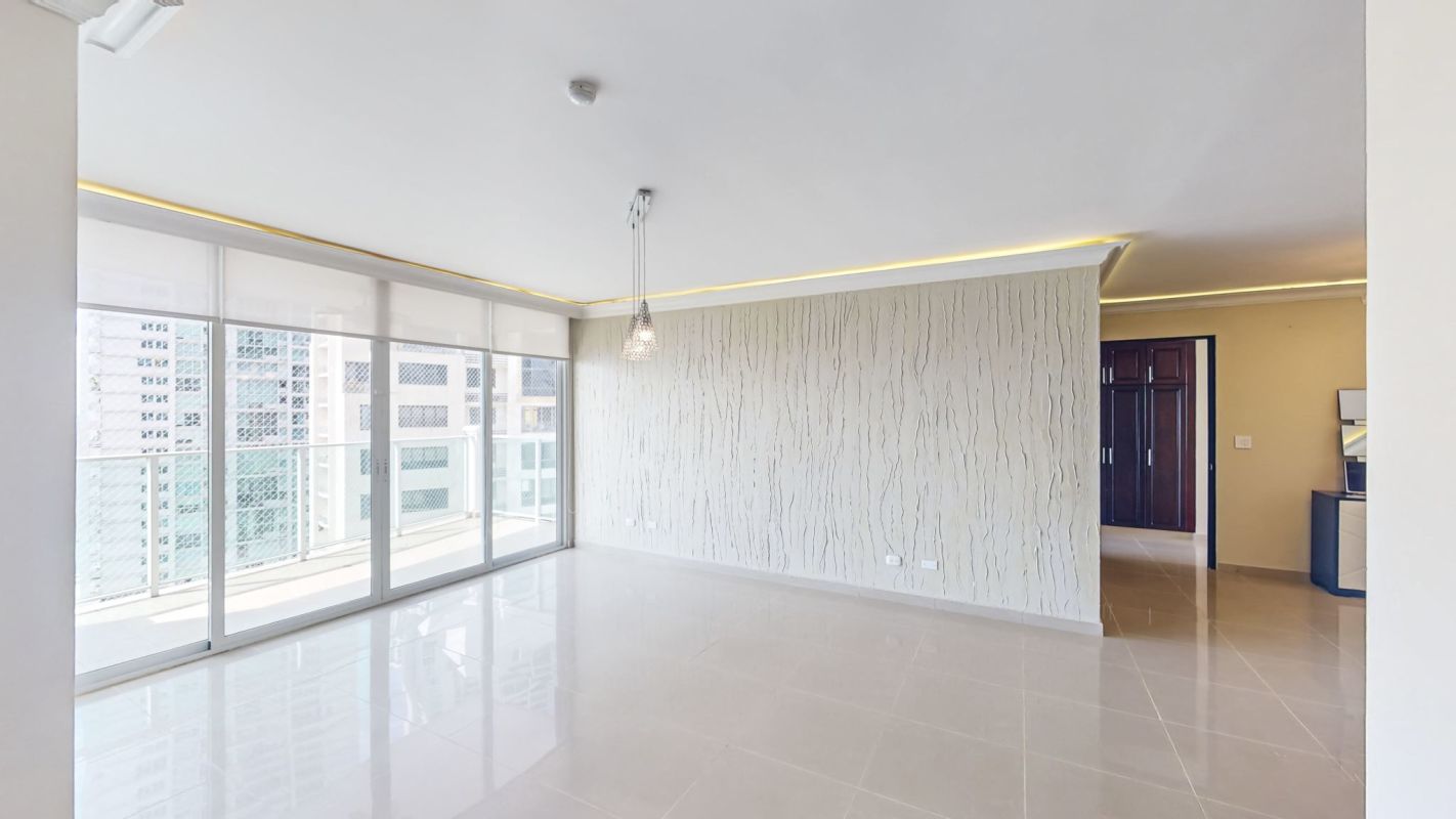 Modern bright living room with tile flooring ocean view windows PH Ocean Drive Punta Pacifica Panama
