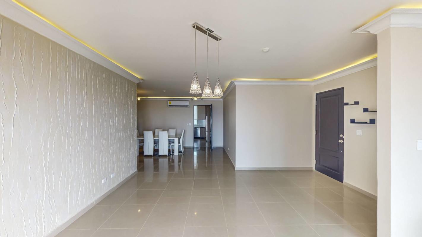 Luxurious bathroom with marble counters double sinks glass shower luxury condo in Punta Pacifica Panama