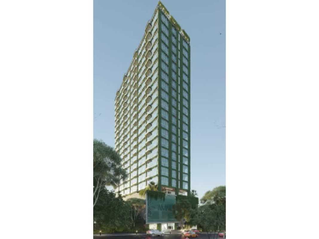 Iconic modern high-rise tower with green vertical gardens and glass facade in Panama City