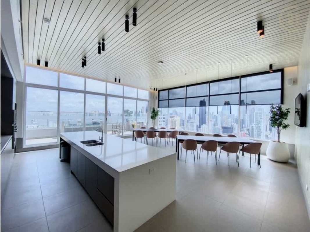 Modern bathroom with glass-enclosed shower and designer tile at PH Van Gogh Panama