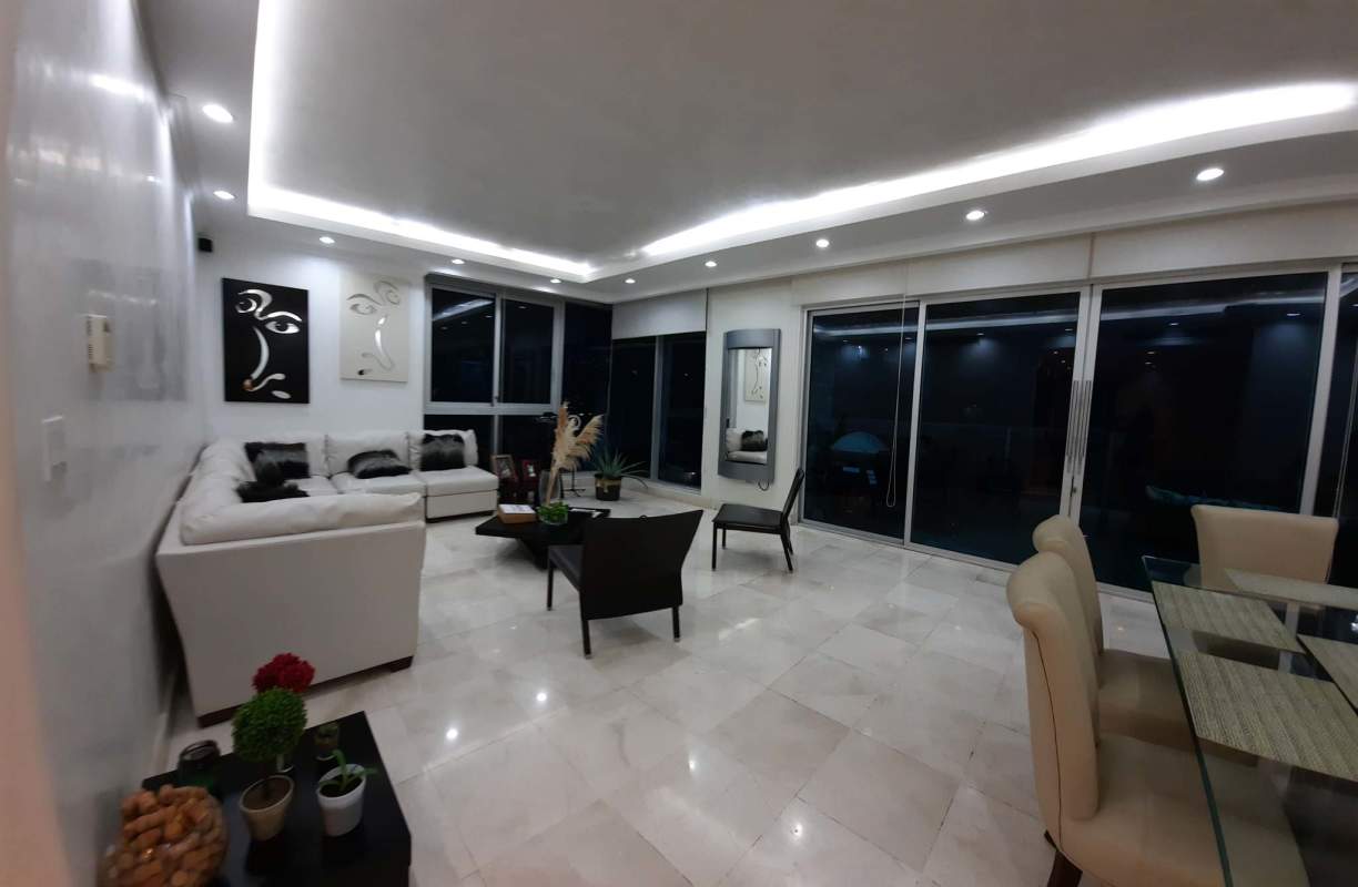 Contemporary bathroom with glass sink, marble tiles PH Pacific Village in Panama City