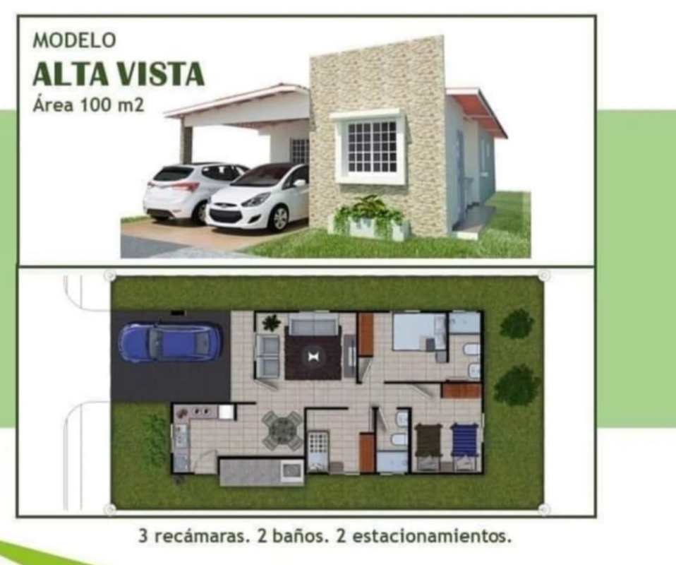 Modern one-story home exterior and floor plan in Altavista Residencial Panama