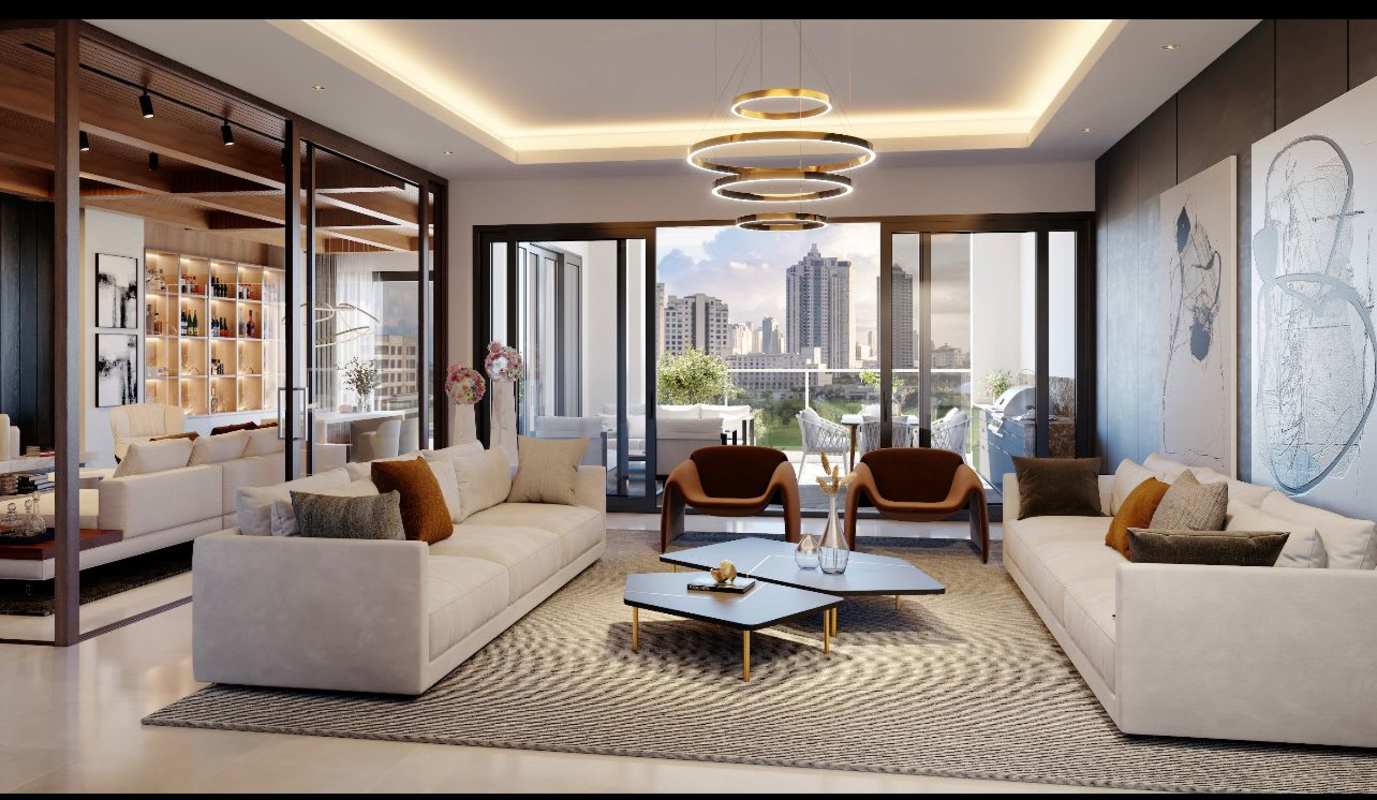 Luxury living room with balcony access panoramic skyline view PH Luna Santa María Panama