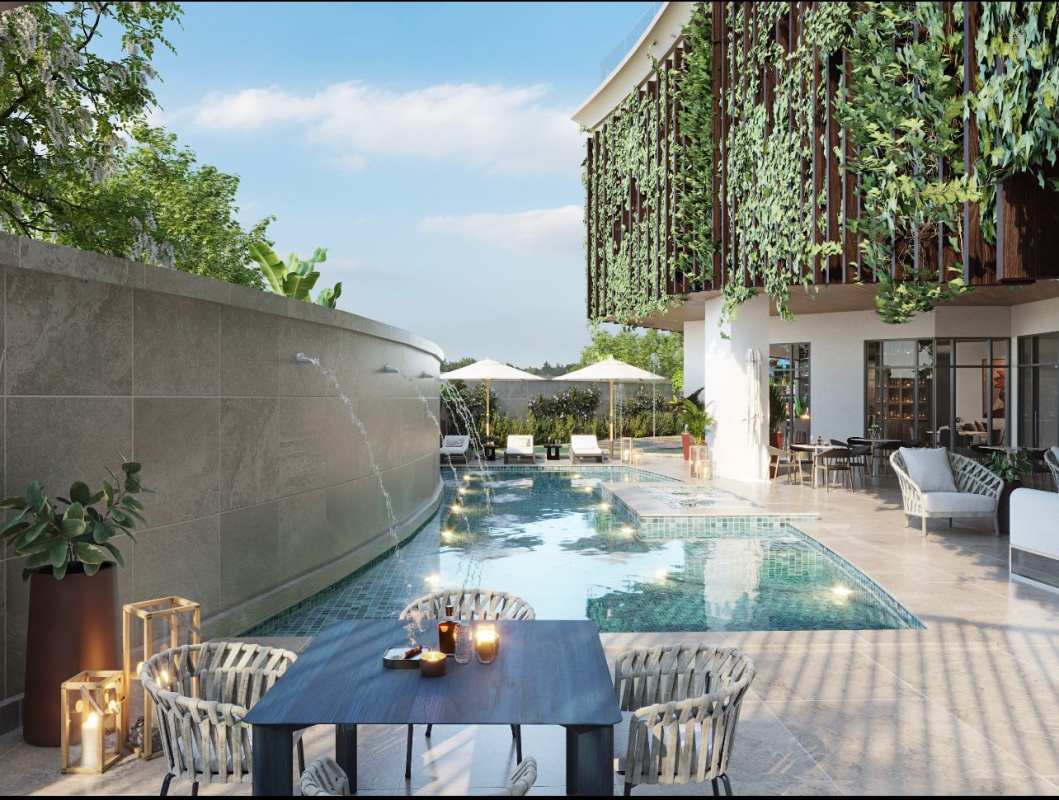Luxury swimming pool with fountains, vertical garden and sun umbrellas PH Luna Panama