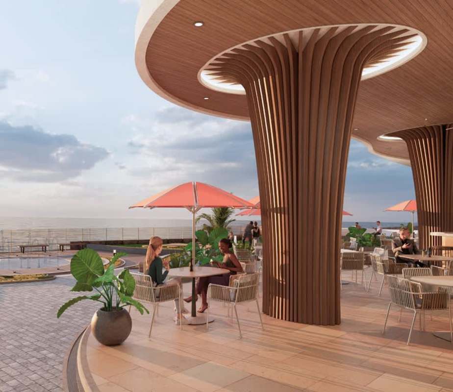 Designer kitchen with island quartz countertops in Allure Punta Pacifica condo Panama City