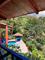 Relaxing tropical porch with hammock and lush garden view at Altos del María house Panama