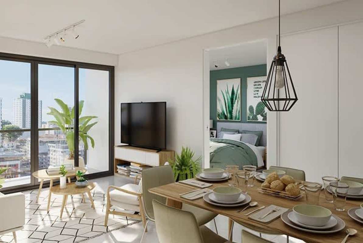 Modern apartment living room dining area bedroom with large windows in PH Bella Vista Place Bella Vista Panama City