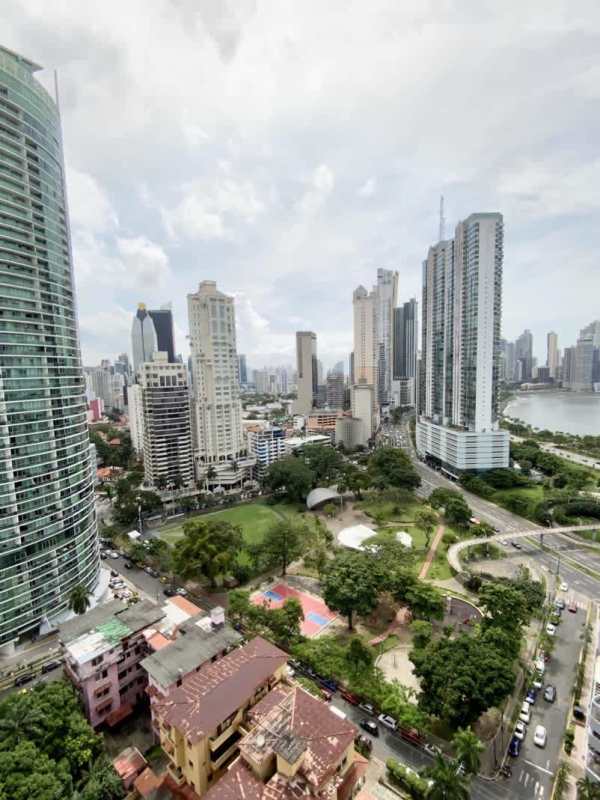 Skyline aerial of Panama City over Parque Urraca and Bella Vista district with skyscrapers