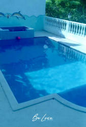 Covered patio with garden lawn area at Costa Esmeralda beachfront home