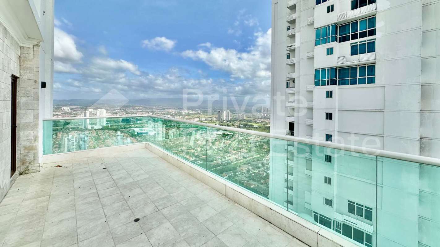 Modern spa bathroom with jacuzzi tub, double sinks, panoramic views in PH Ocean Two penthouse Panama City