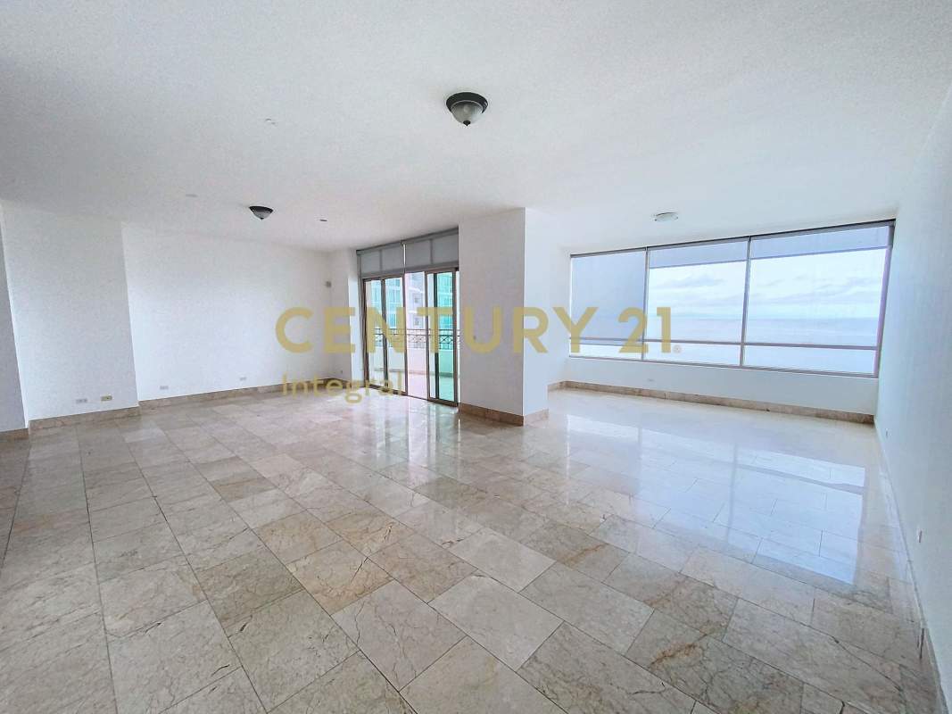 Luxury bathroom with marble finishes, double sink vanity and glass shower in Pacific Point Panama