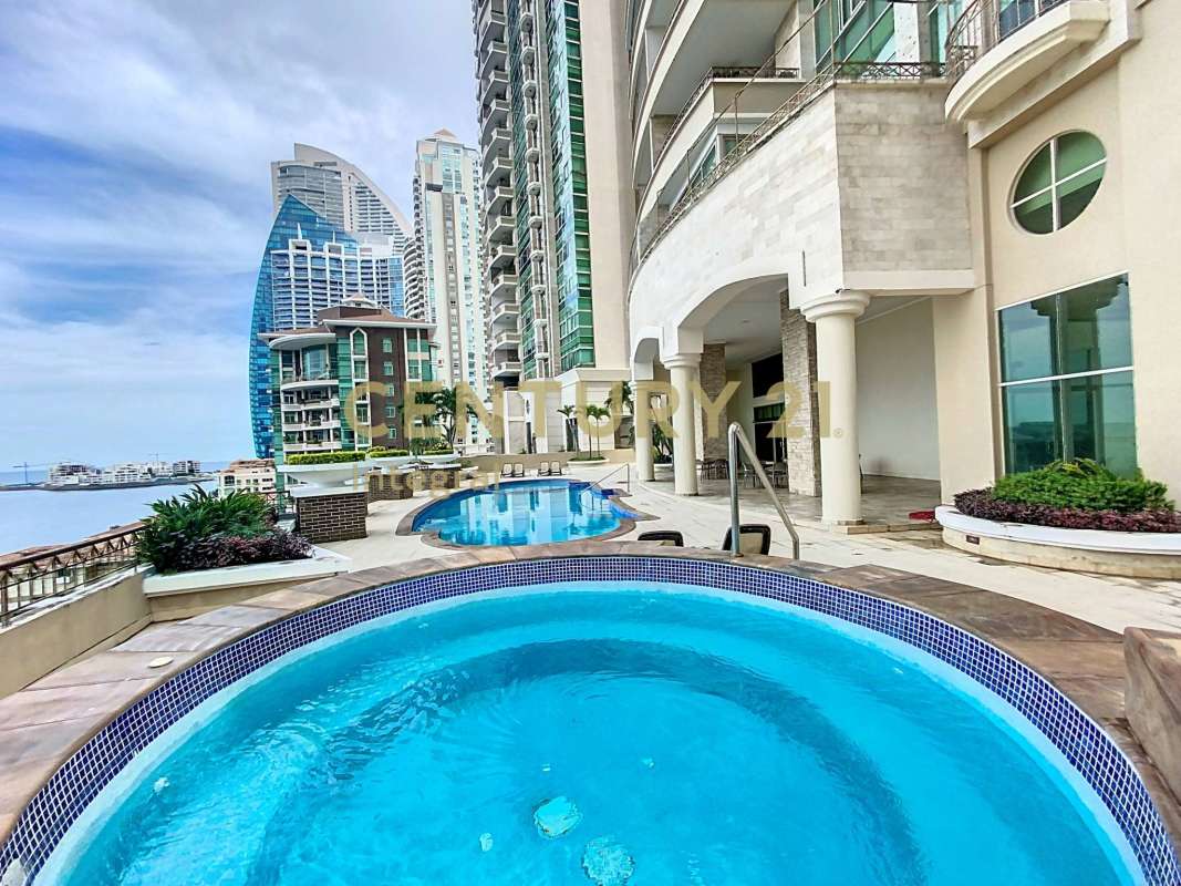 Spacious marble-floored living room in luxury condo with panoramic windows PH Pacific Point Panama