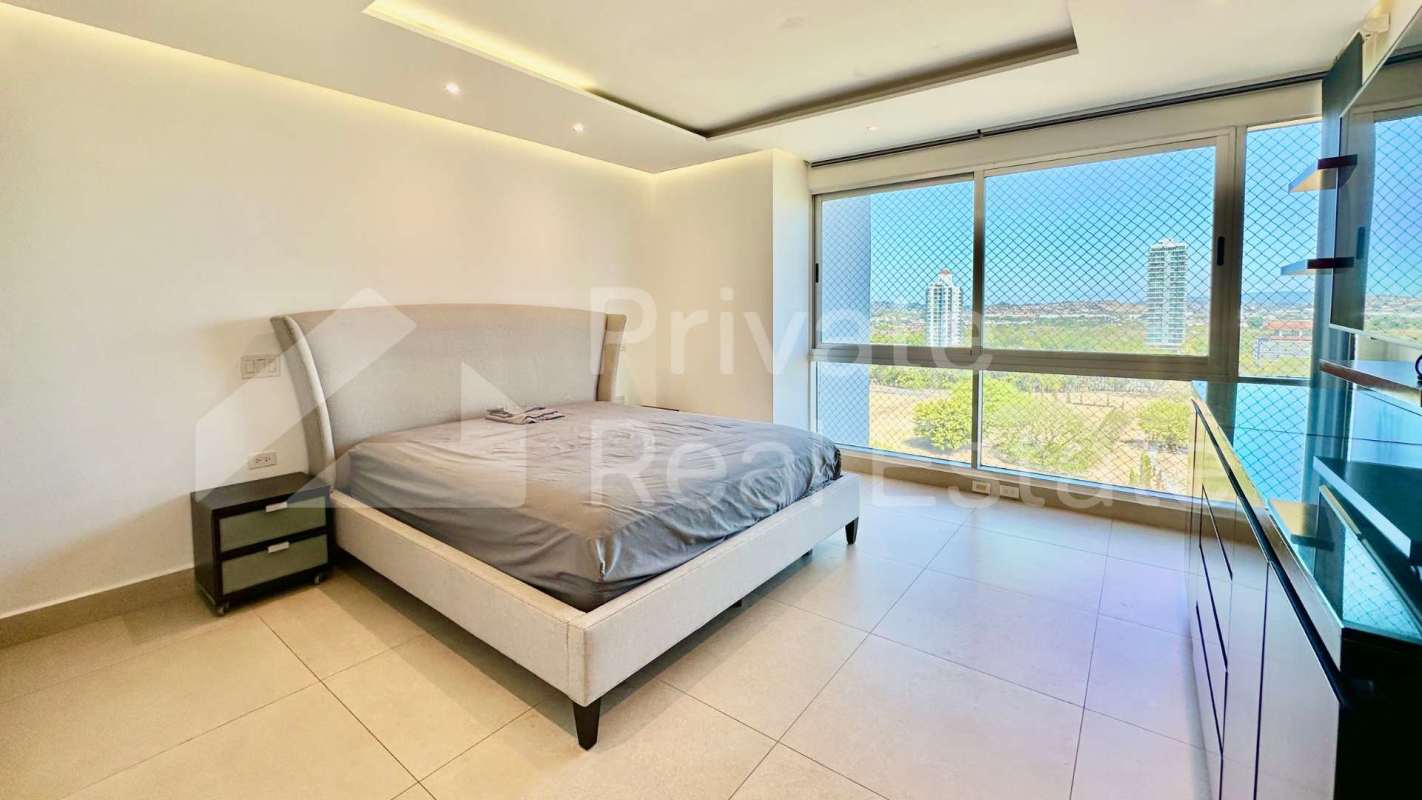 Luxury master bedroom marble flooring panoramic window PH Titanium Costa del Este Panama