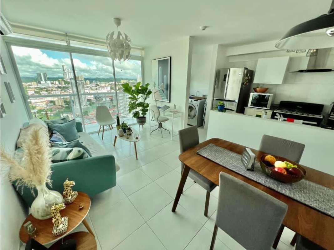 Contemporary open kitchen and dining area with appliances white cabinetry PH Metropolitan Park San Francisco Panama