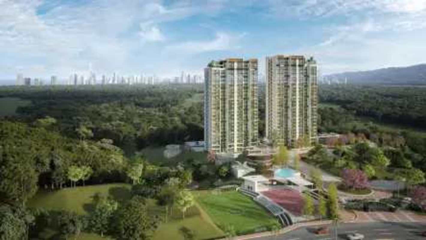 Twin condo towers among greenery at Green City Ciudad Verde Panama