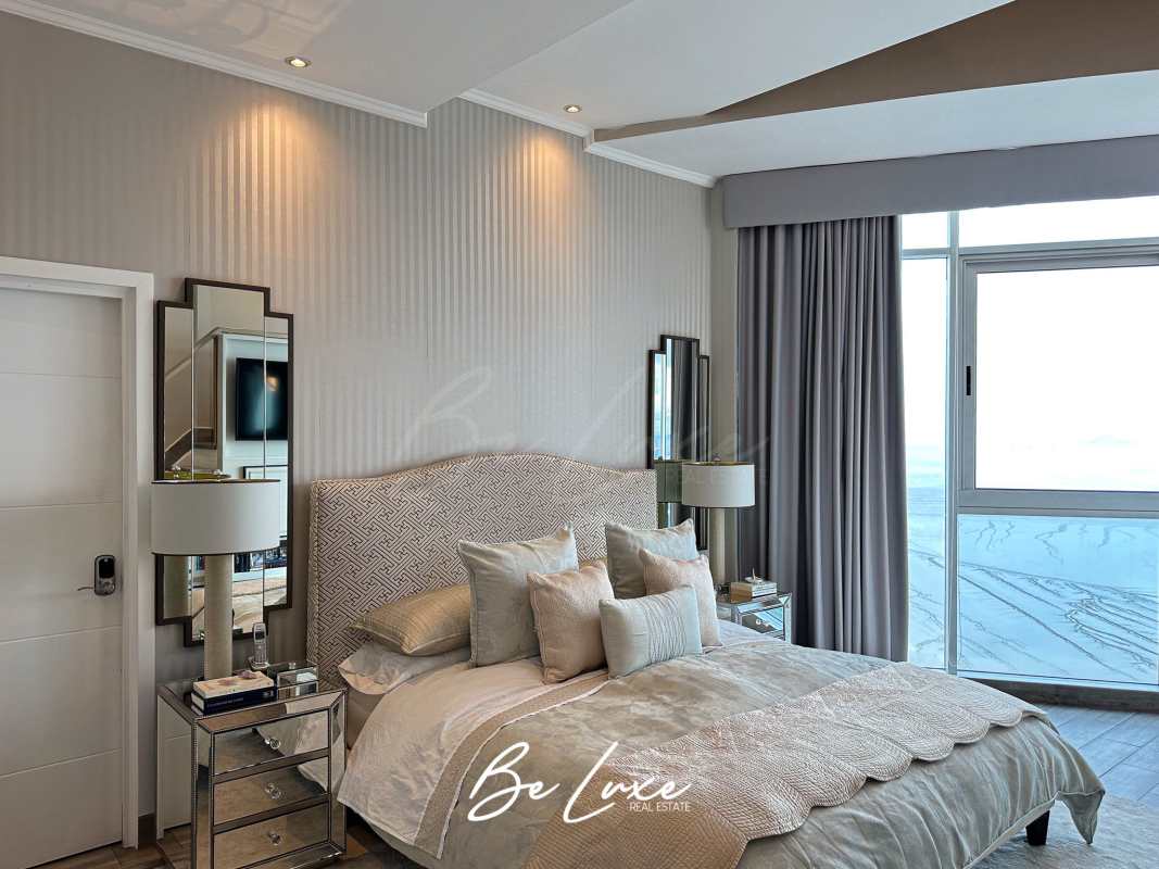 Luxury modern living room and dining area with elegant furnishings in Pearl Tower Costa del Este Panama