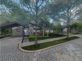 Contemporary single-story home with carport, large windows and landscaped yard Terra Viva