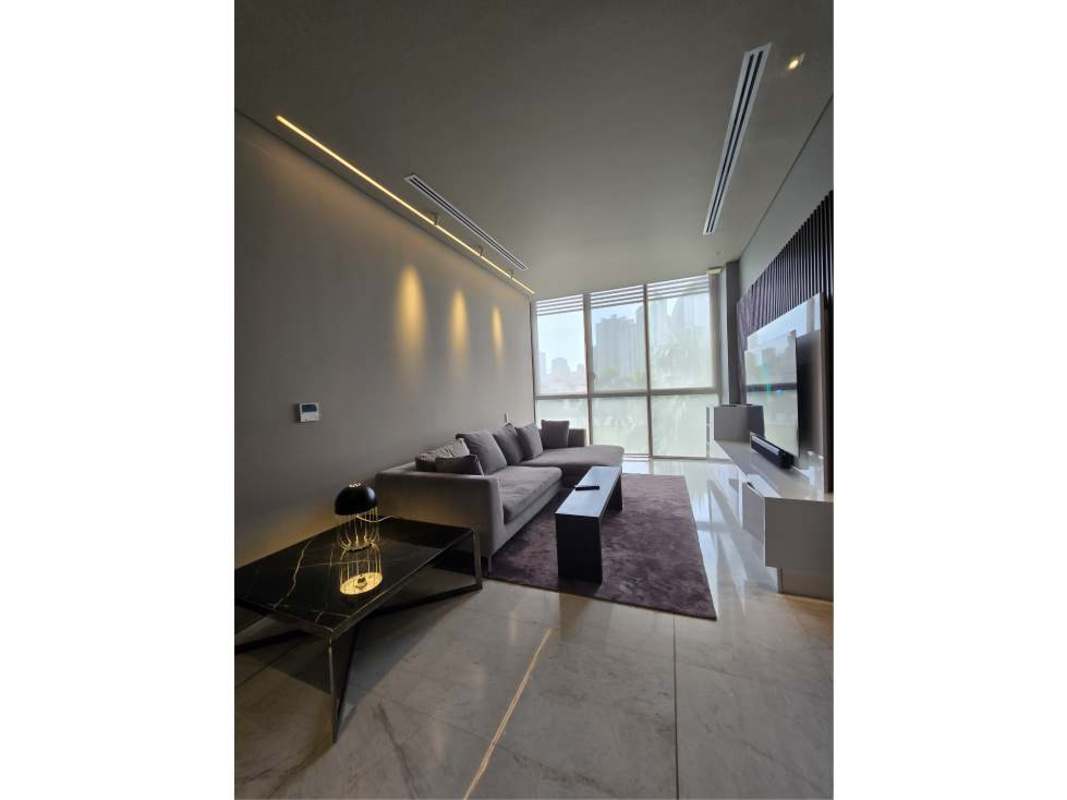 Large open plan living and dining room with marina view, luxury finishes at Garden Apartments Ocean Reef Panama