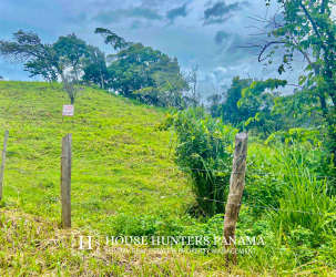Lush green hillside land with wooden fence posts and mountain backdrop in Boquete Panama