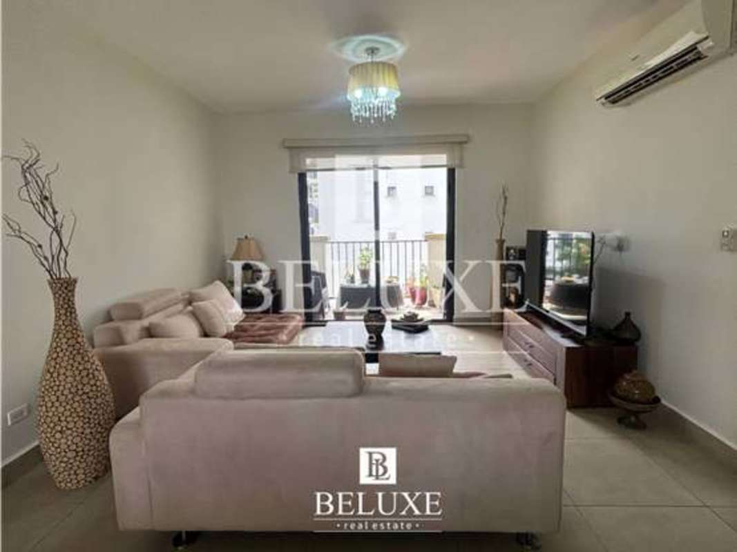 Contemporary living room with balcony access, AC, chandelier, Embassy Village Clayton Panama