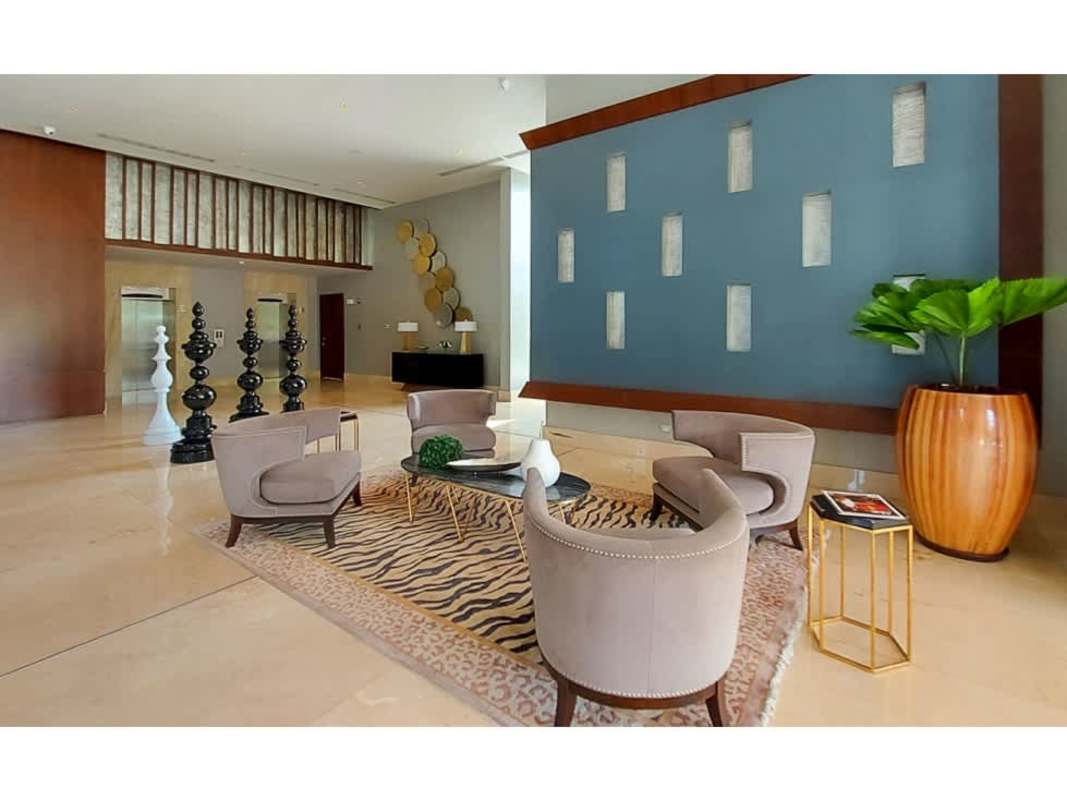 Modern bathroom with marble countertop and glass shower luxury condo Santa Maria Panama